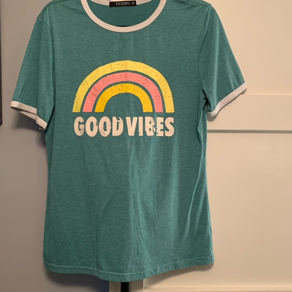 Teal 'Good Vibes' Rainbow Short Sleeve Tee